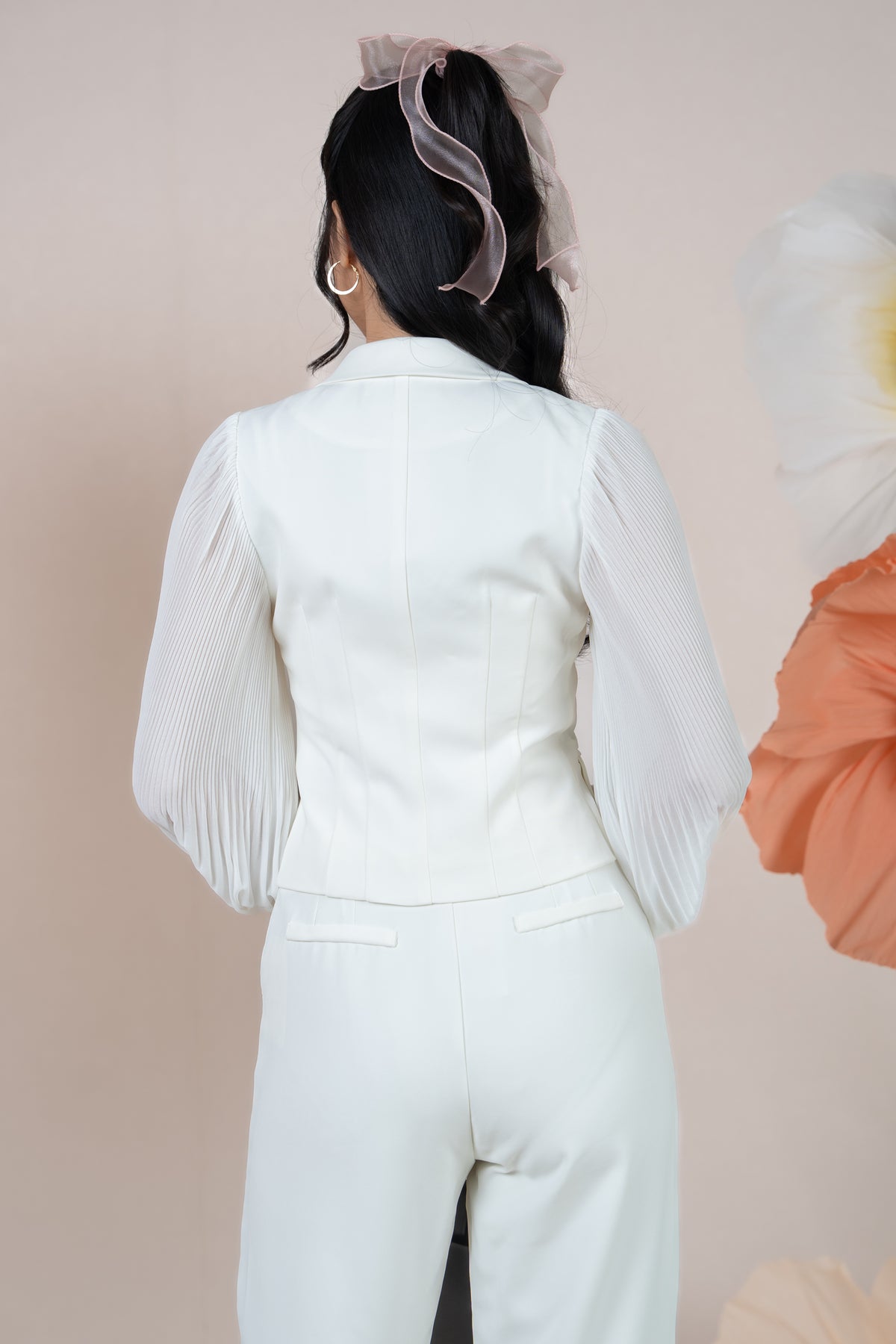 Crystal Button Pleated Sleeves Blazer Top in White