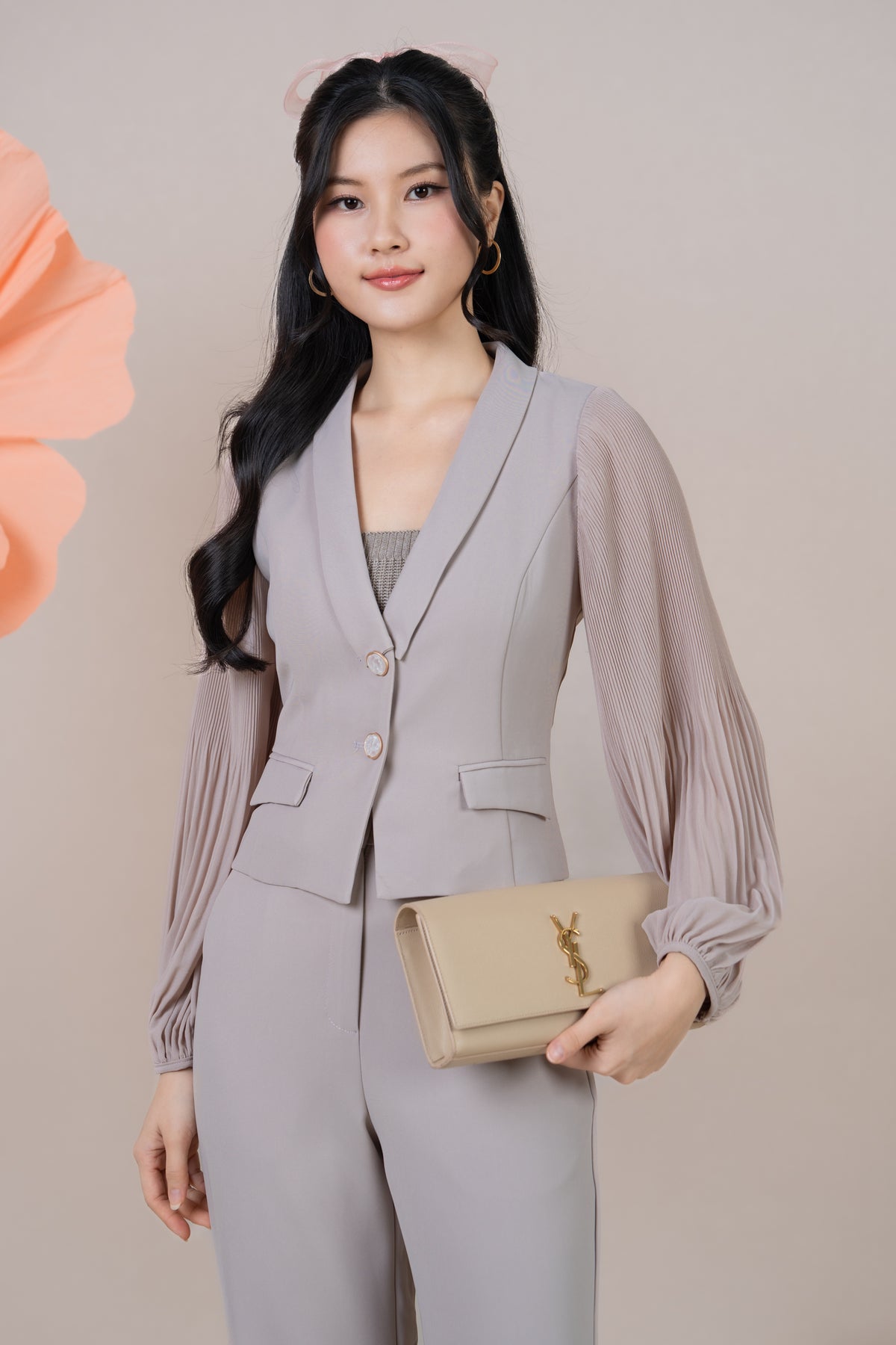 Crystal Button Pleated Sleeves Blazer Top in Nude