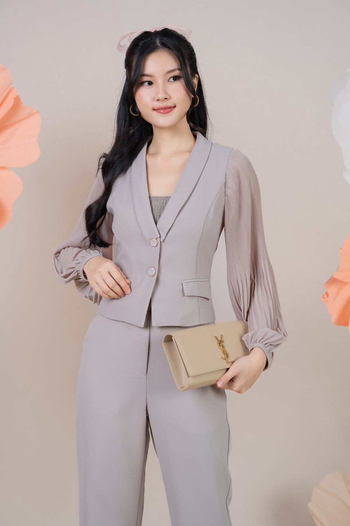 Crystal Button Pleated Sleeves Blazer Top in Nude