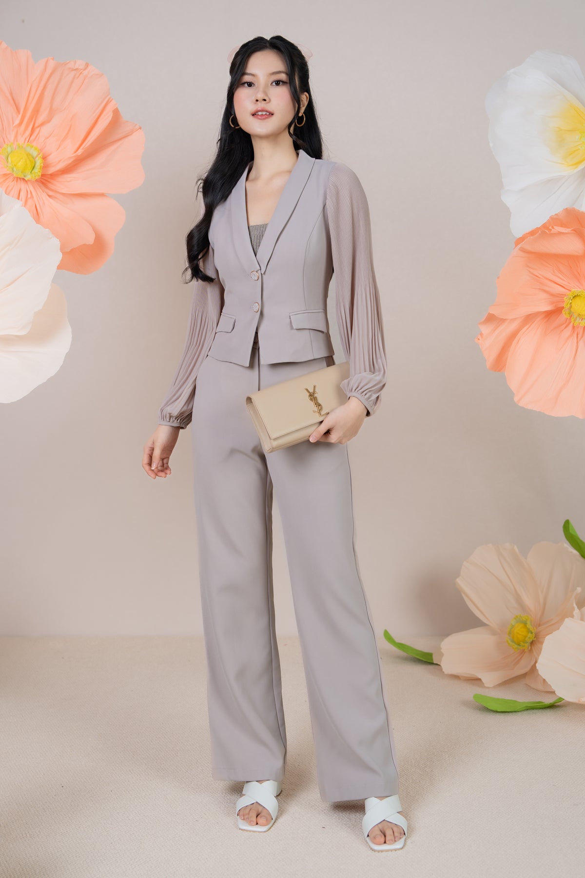 Crystal Button Pleated Sleeves Blazer Top in Nude