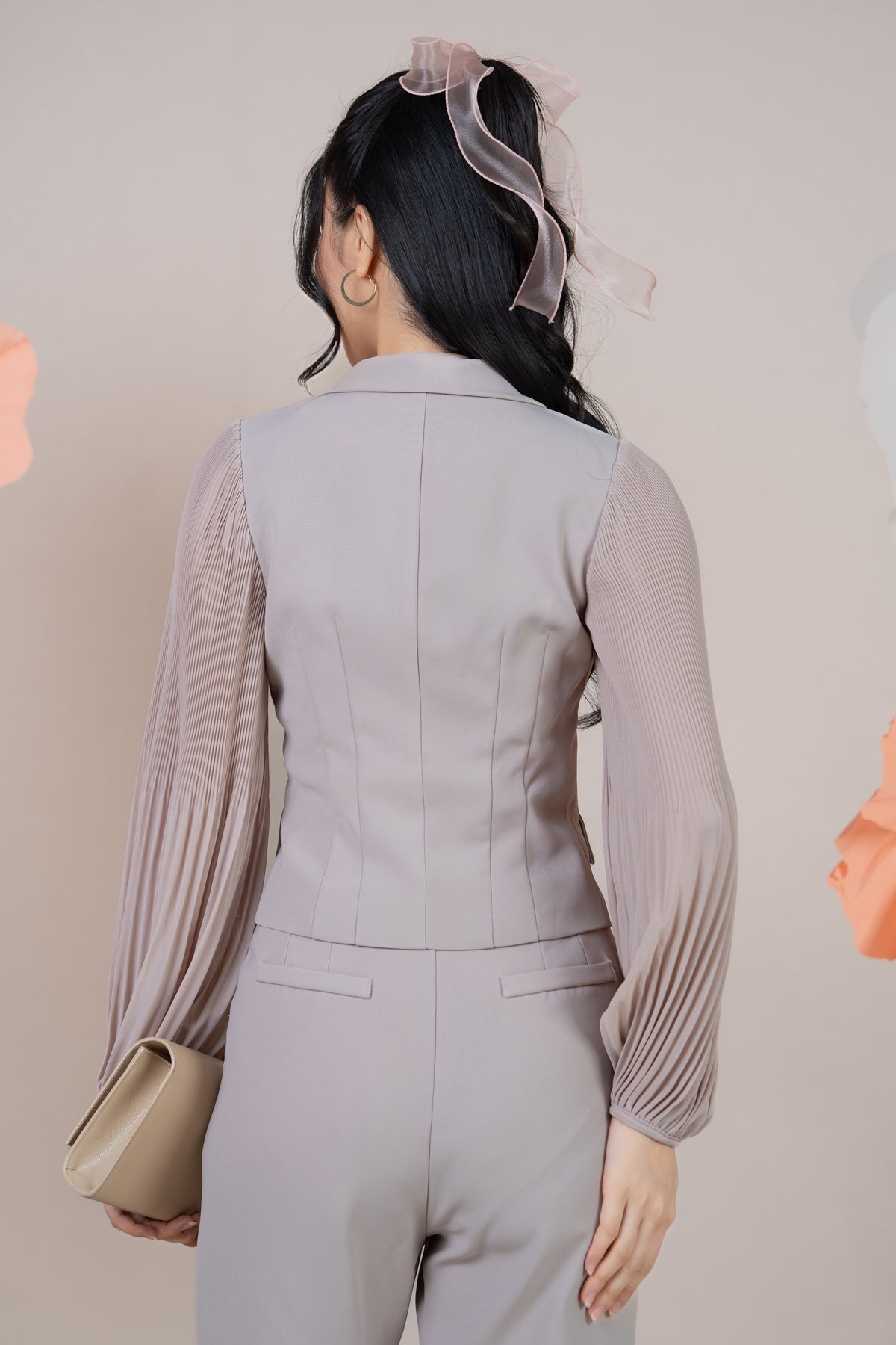 Crystal Button Pleated Sleeves Blazer Top in Nude
