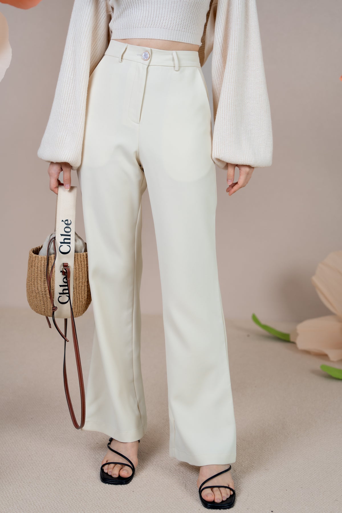 Crystal Button Pants in Cream
