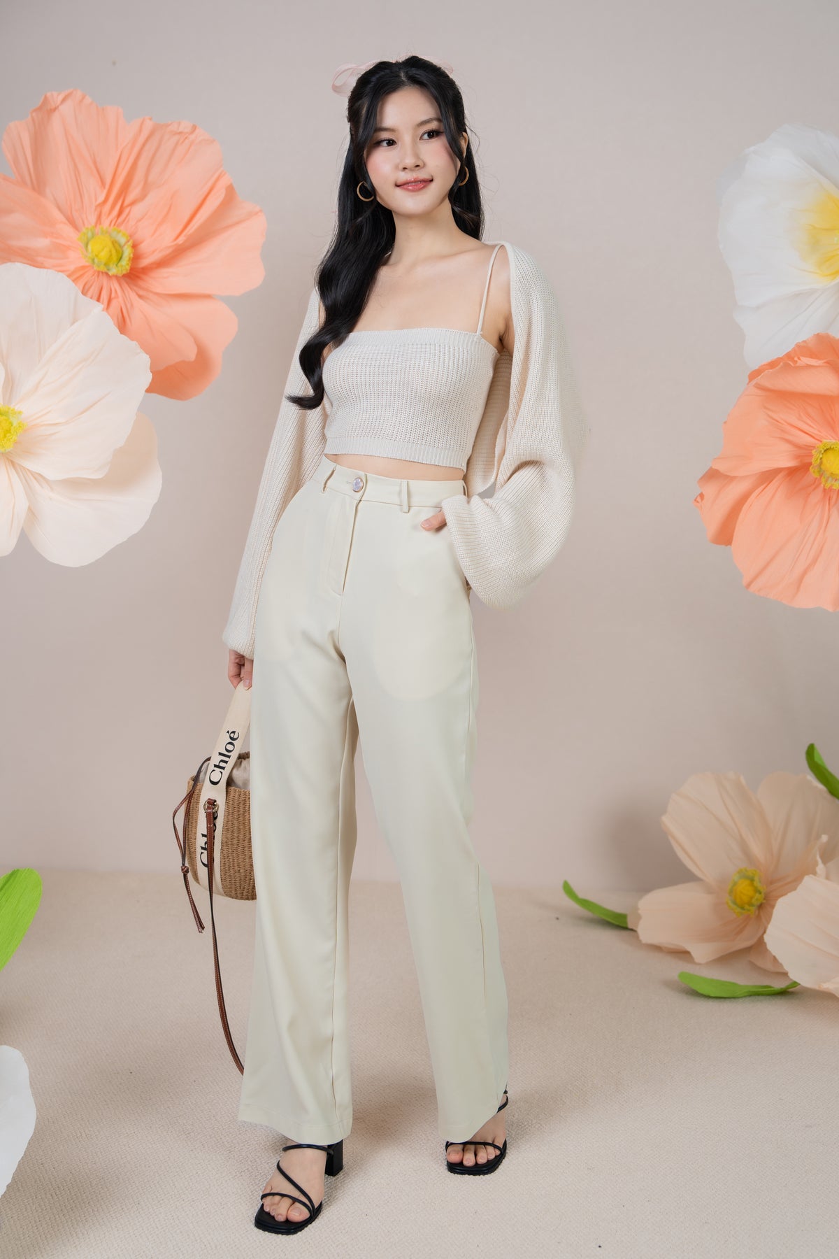 Crystal Button Pants in Cream