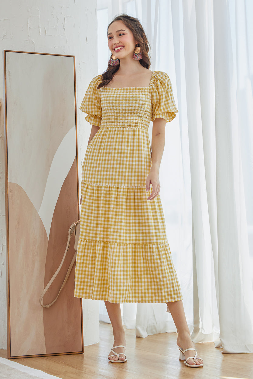 Restocked* Belissima Smocked Dress in Yellow Gingham