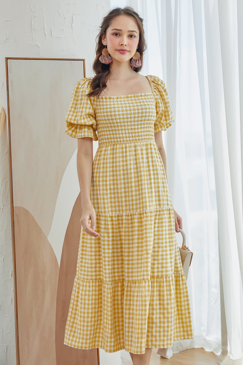 Restocked* Belissima Smocked Dress in Yellow Gingham