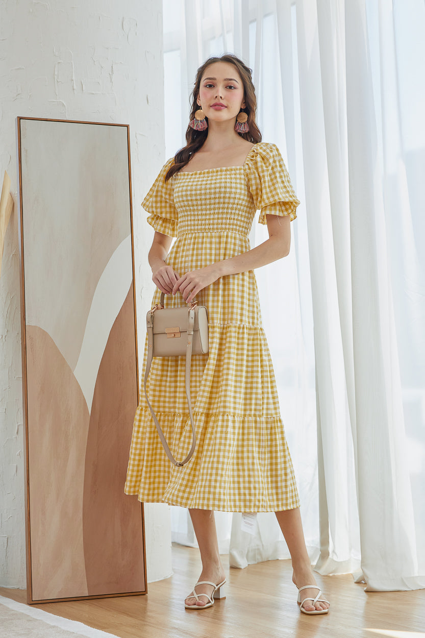 Restocked* Belissima Smocked Dress in Yellow Gingham