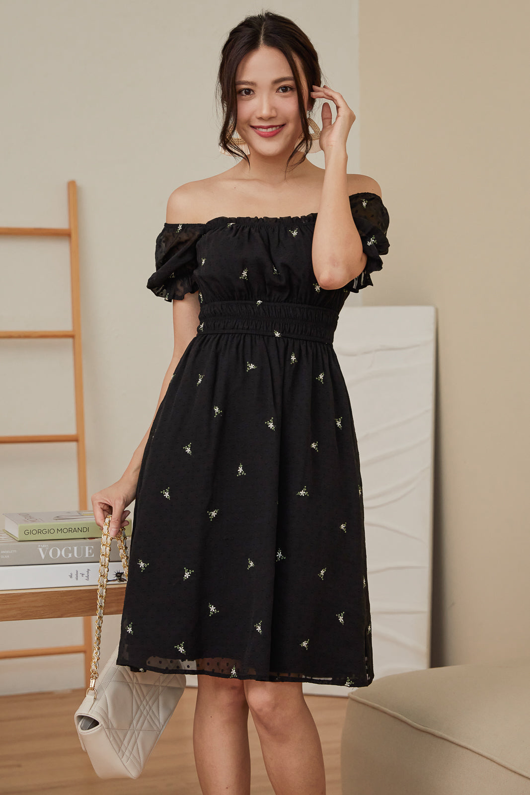 Dotted Smocked-Waist Dress in Black
