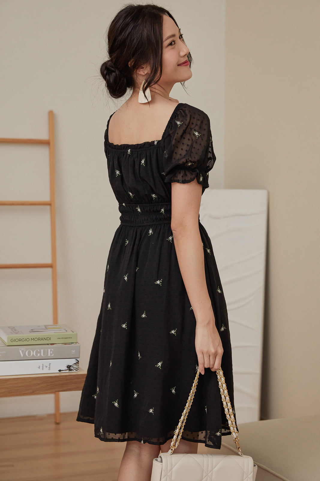 Dotted Smocked-Waist Dress in Black