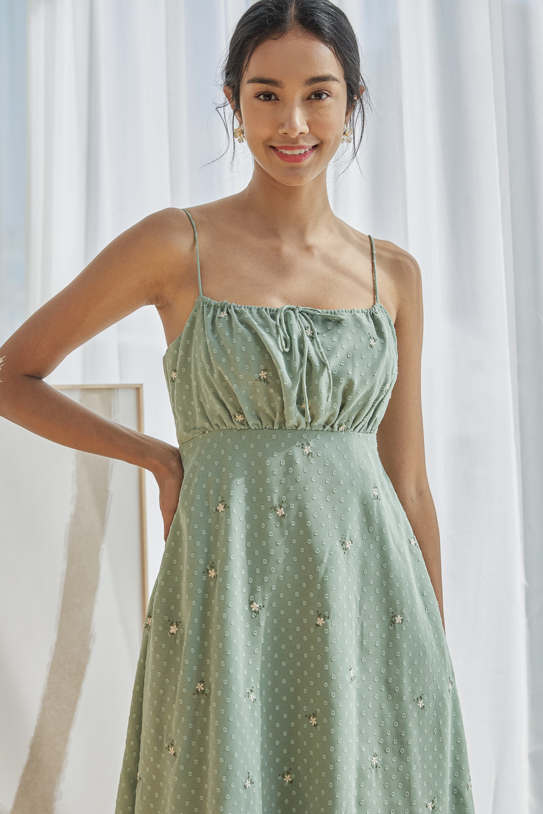 Alison Ruched Strappy Dress in Fern Green