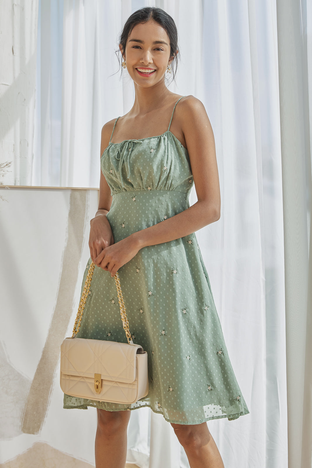 Alison Ruched Strappy Dress in Fern Green