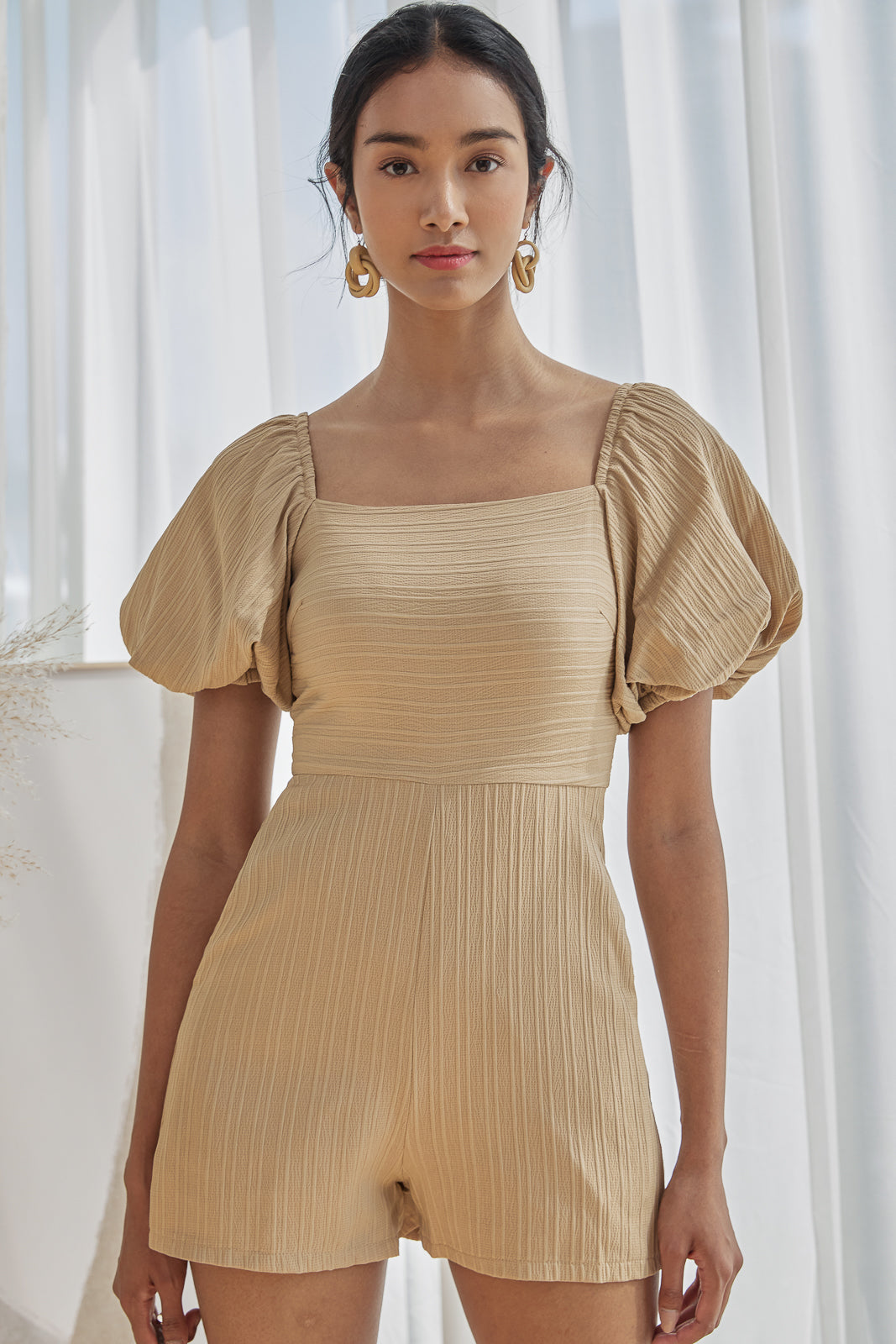 Pouf Sleeves Textured Romper in Camel