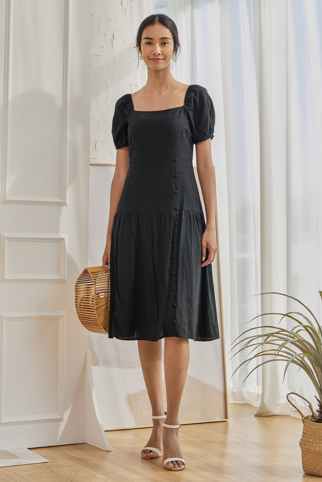 Carolyn Side Button Dress in Black