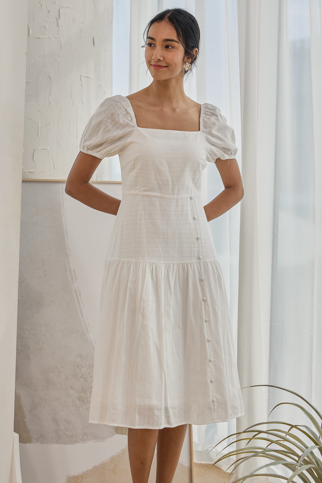 Carolyn Side Button Dress in White