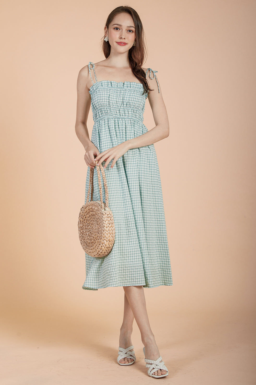 Plaid Tie-Strap Smocked Dress in Sage Green
