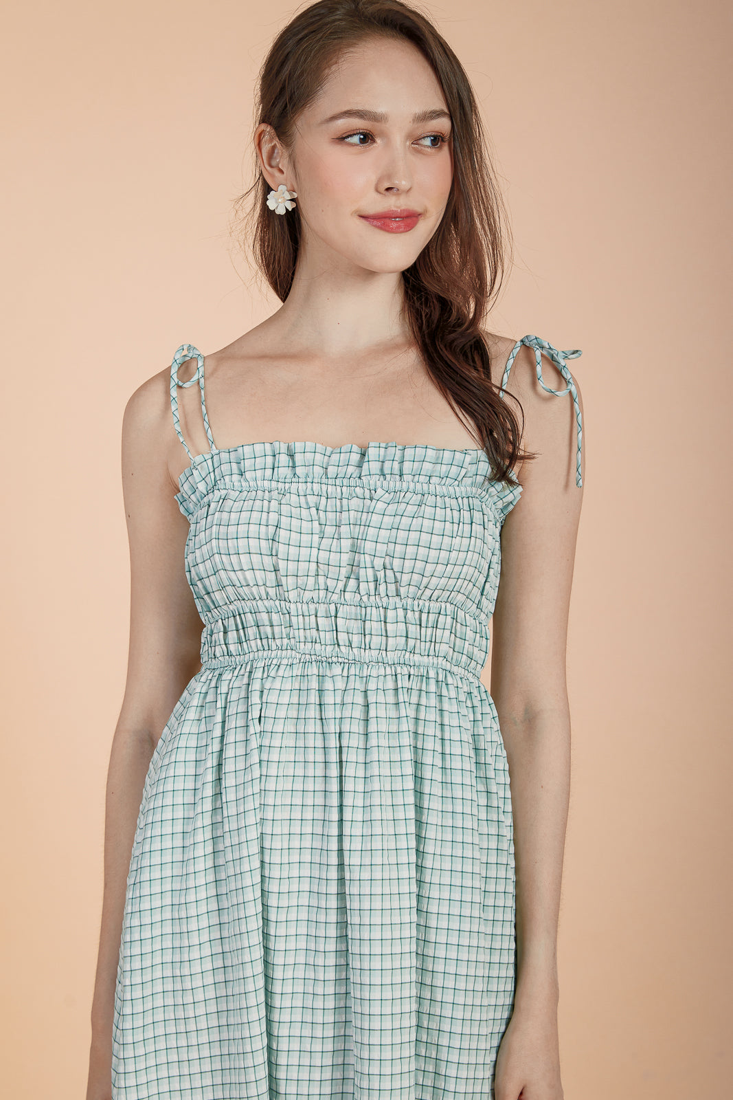 Plaid Tie-Strap Smocked Dress in Sage Green