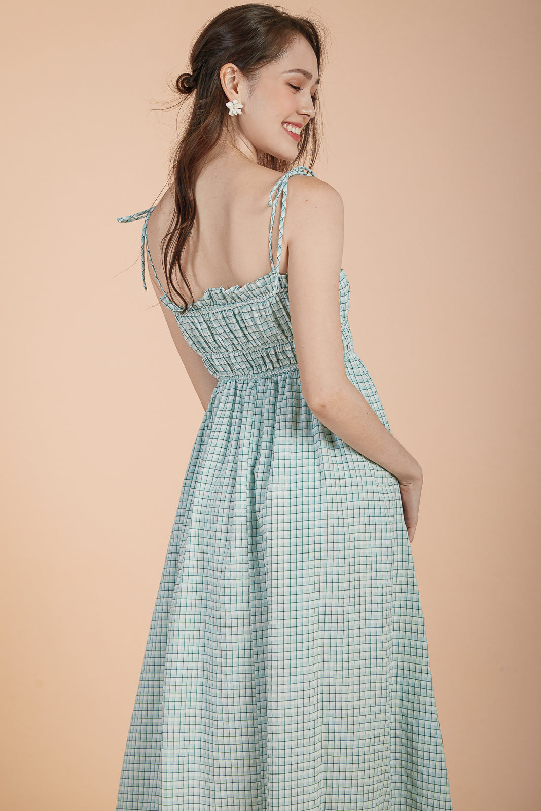 Plaid Tie-Strap Smocked Dress in Sage Green