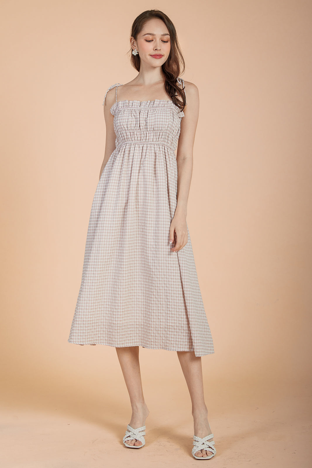 Plaid Tie-Strap Smocked Dress in Red Beige
