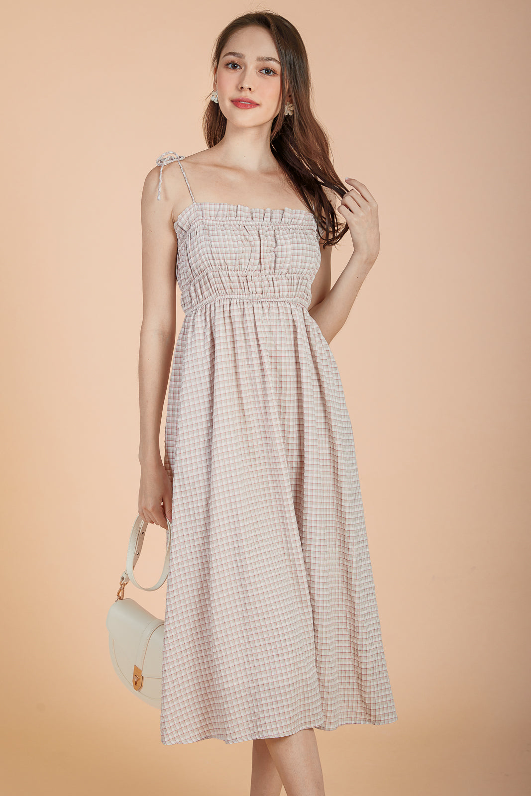 Plaid Tie-Strap Smocked Dress in Red Beige
