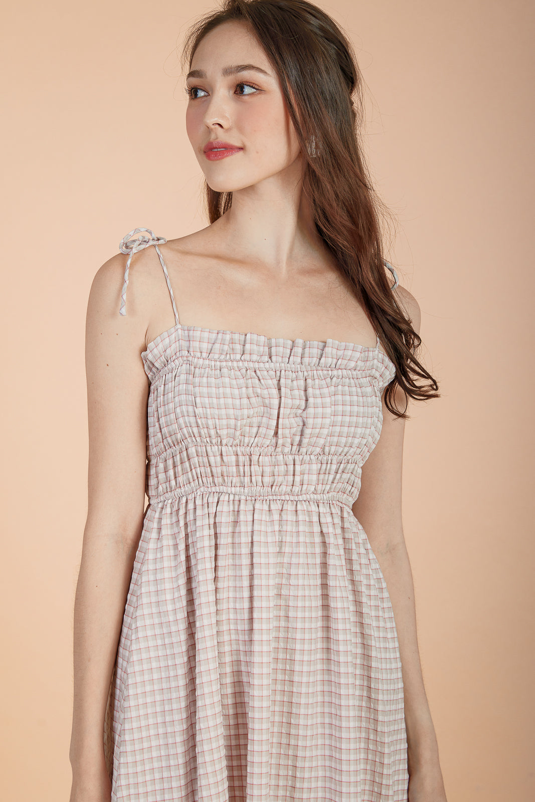 Plaid Tie-Strap Smocked Dress in Red Beige