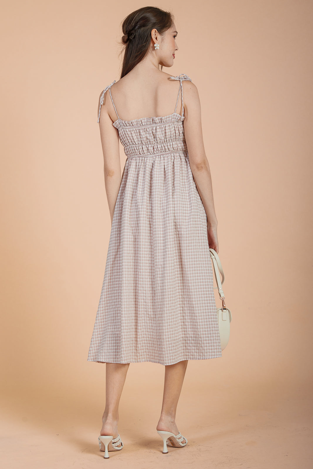 Plaid Tie-Strap Smocked Dress in Red Beige