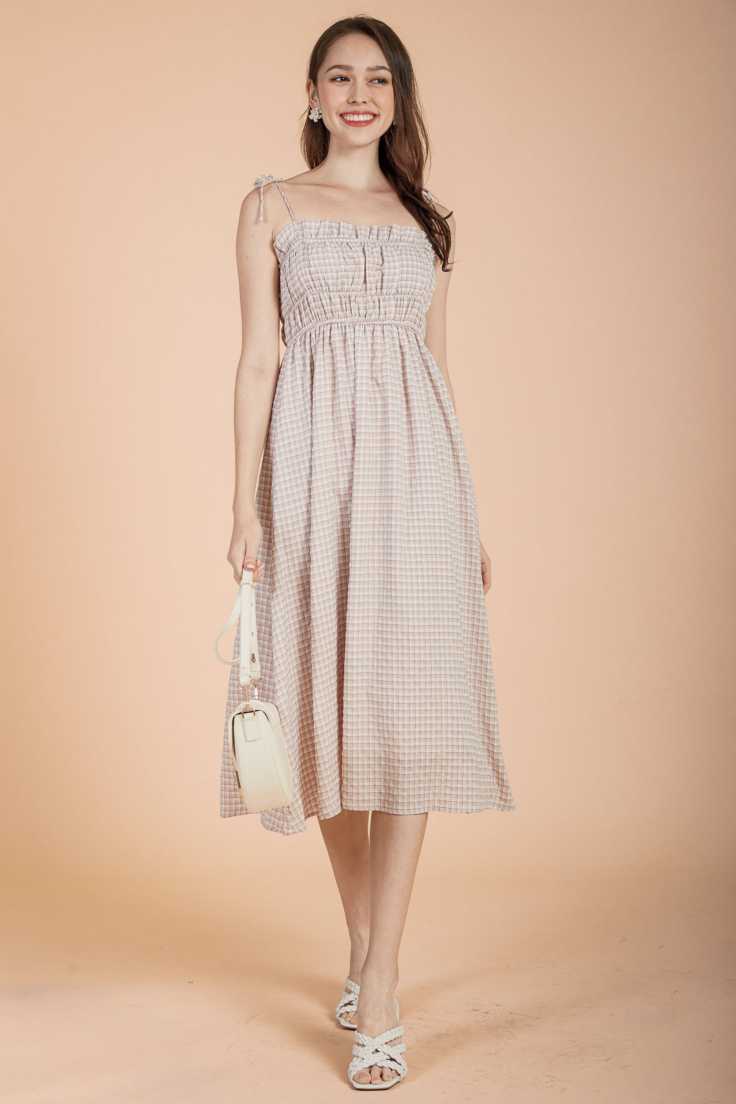 Plaid Tie-Strap Smocked Dress in Red Beige