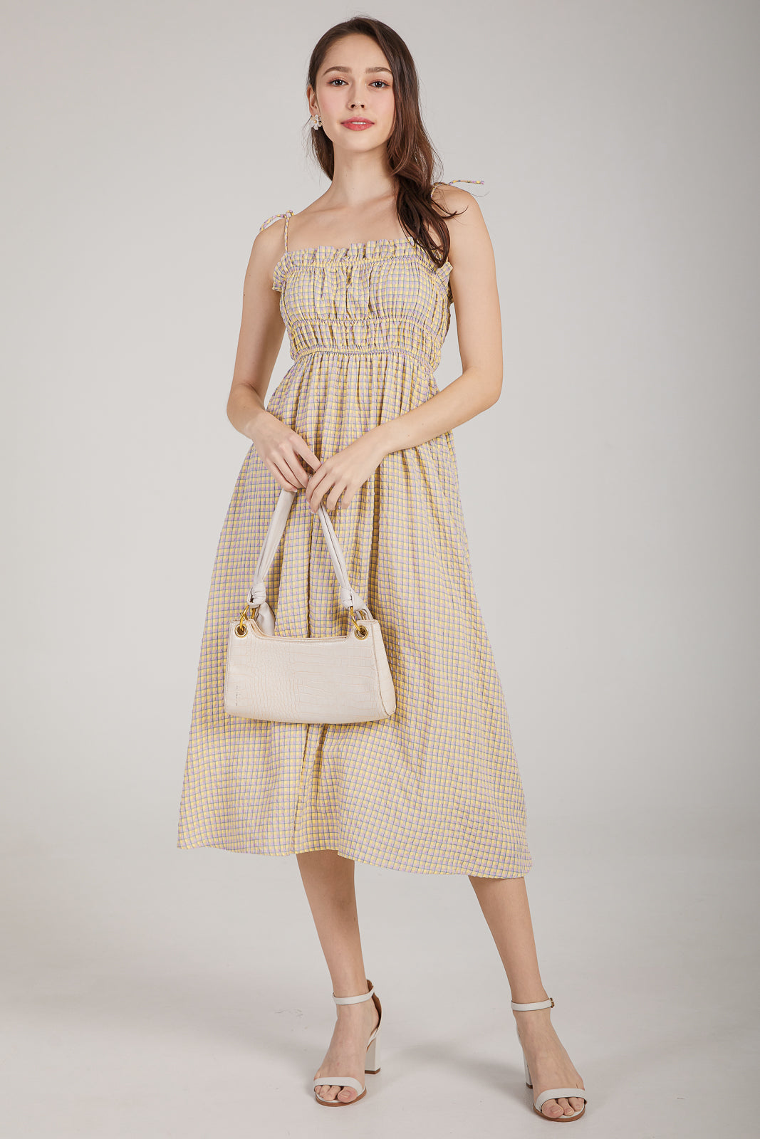 Plaid Tie-Strap Smocked Dress in Yellow Lilac