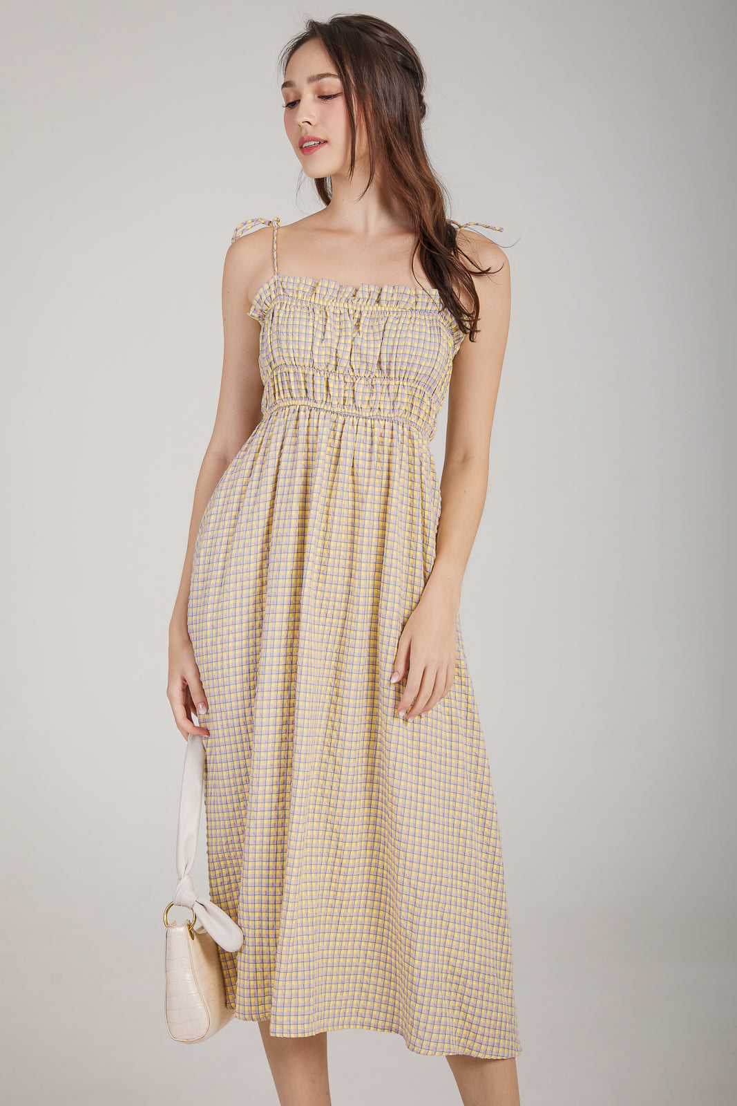 Plaid Tie-Strap Smocked Dress in Yellow Lilac