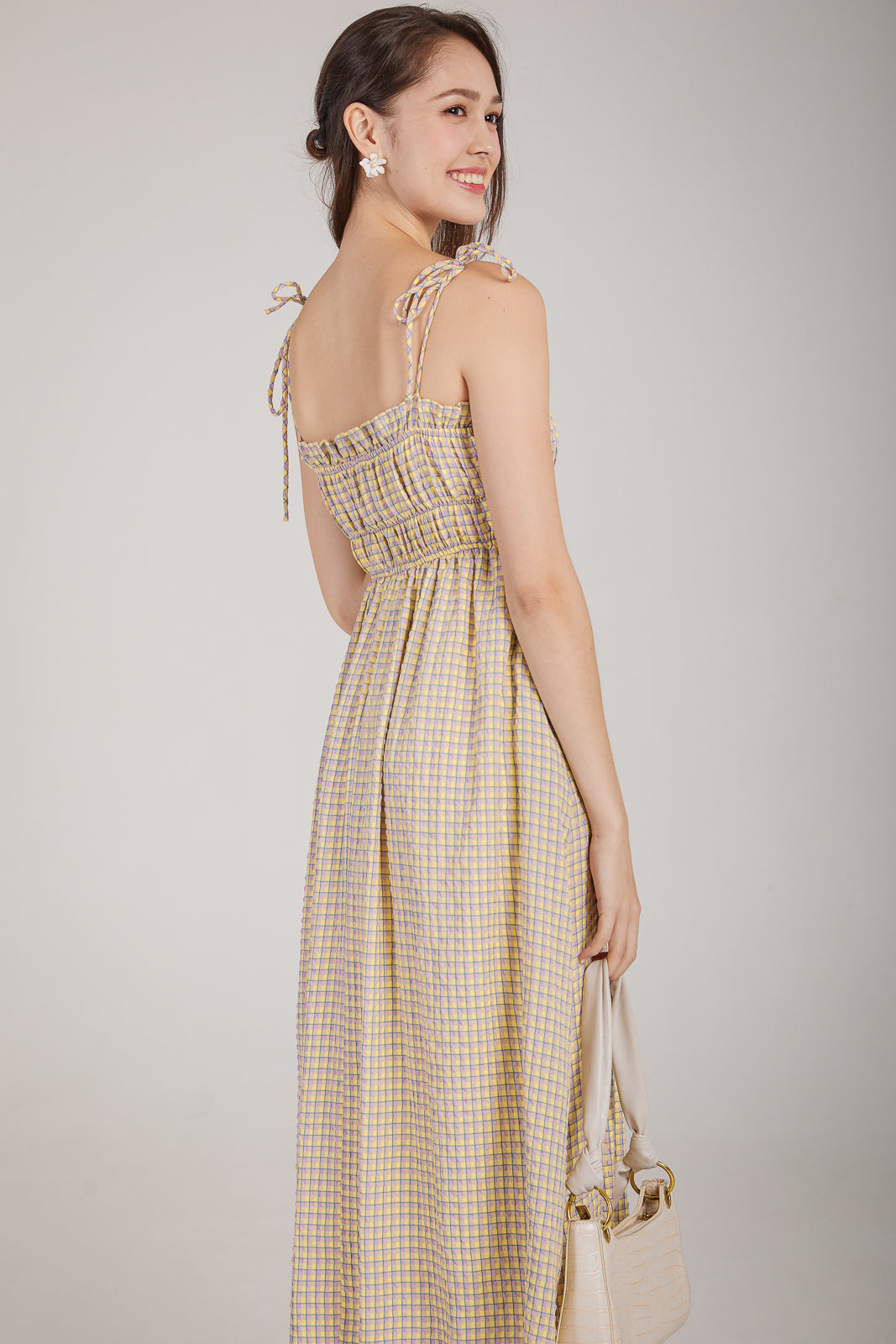 Plaid Tie-Strap Smocked Dress in Yellow Lilac