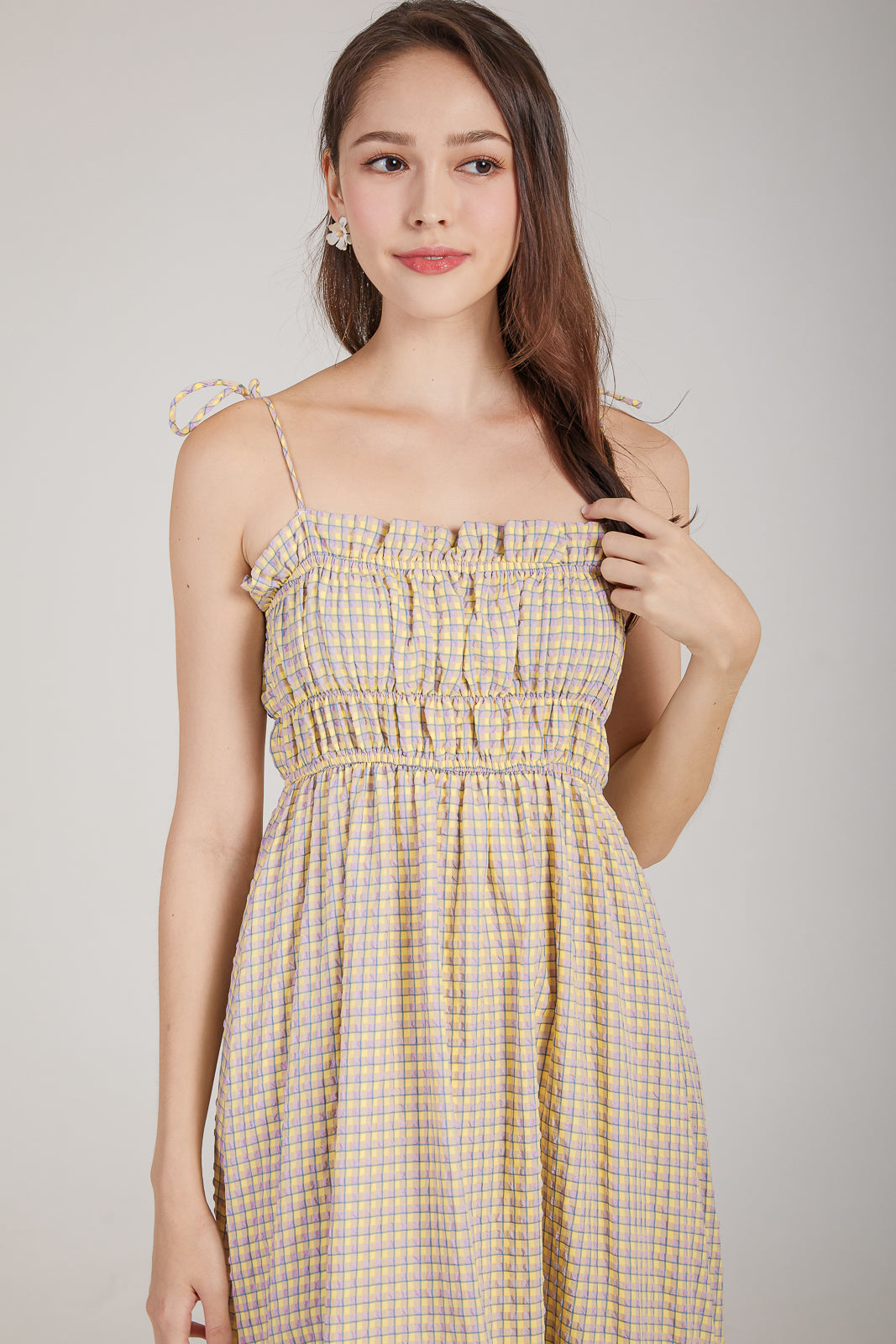 Plaid Tie-Strap Smocked Dress in Yellow Lilac