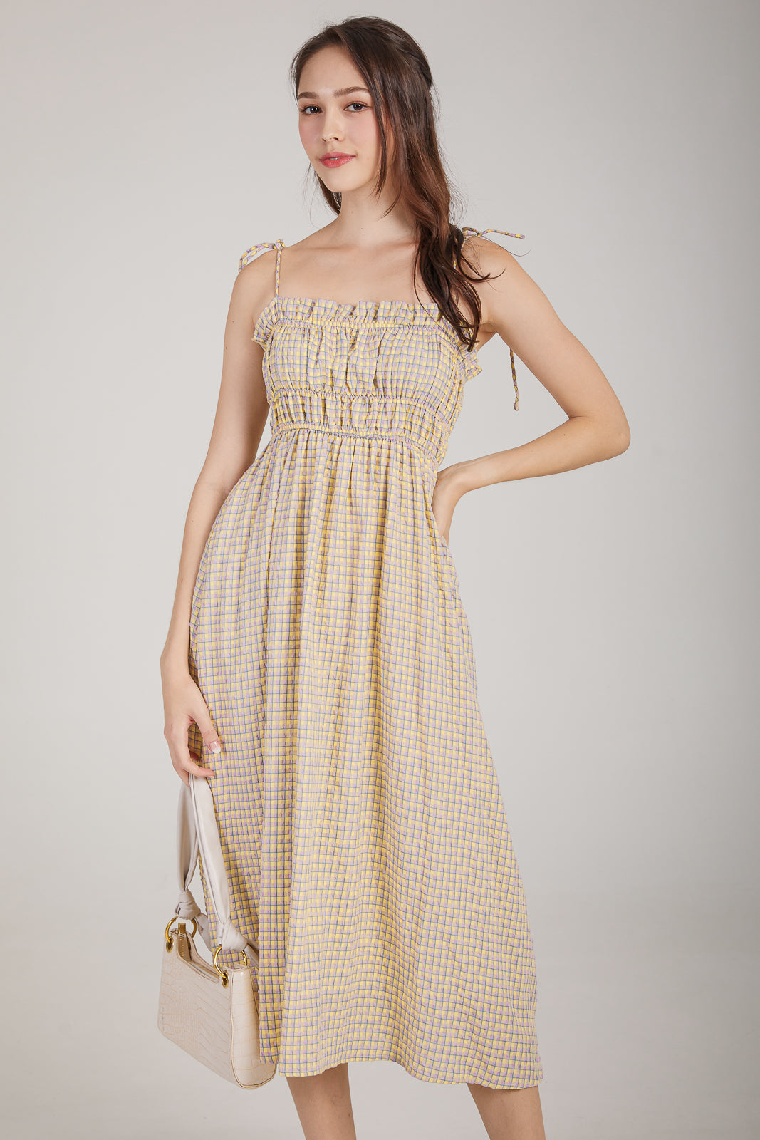 Plaid Tie-Strap Smocked Dress in Yellow Lilac