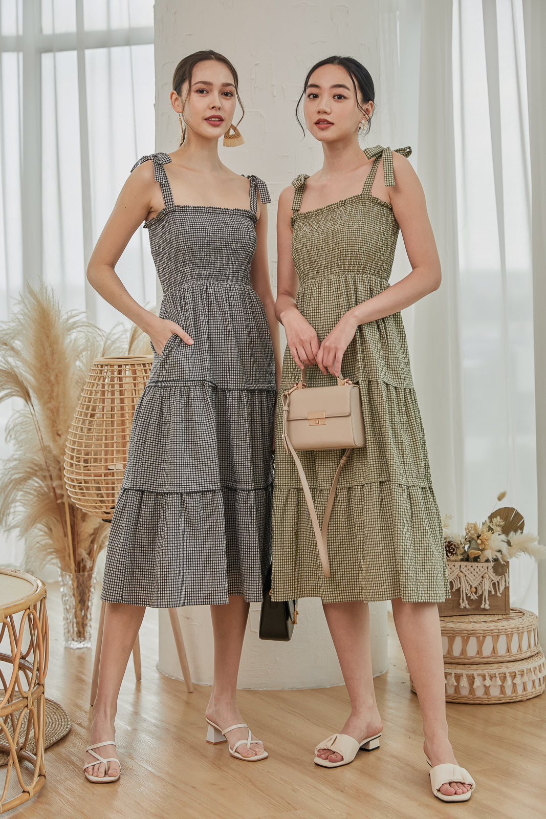 Amalfi Tie-Strap Smocked Dress in Olive Gingham
