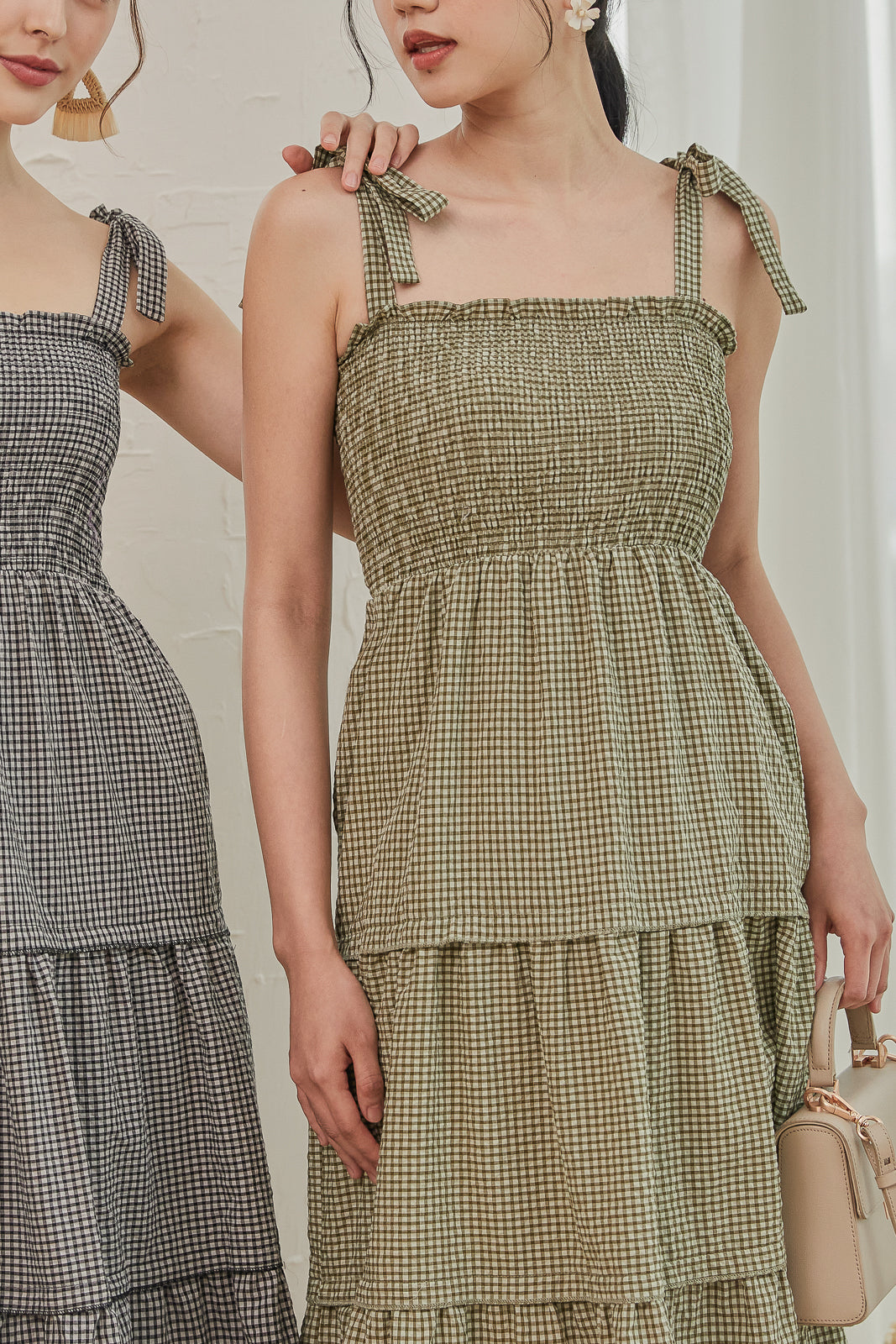 Amalfi Tie-Strap Smocked Dress in Olive Gingham