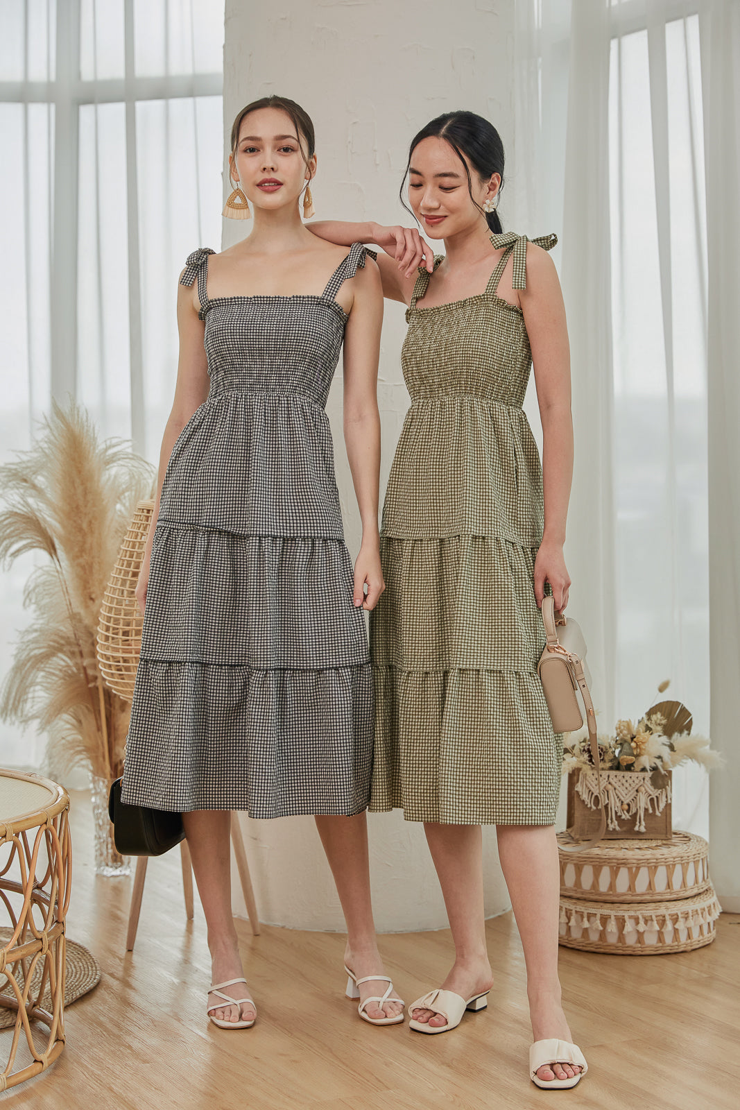 Amalfi Tie-Strap Smocked Dress in Olive Gingham