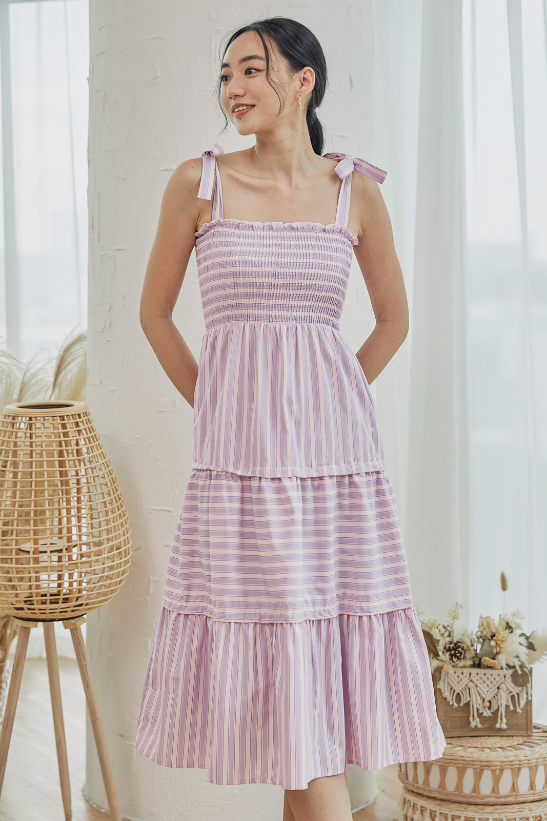 Amalfi Tie-Strap Smocked Dress in Pink Stripes