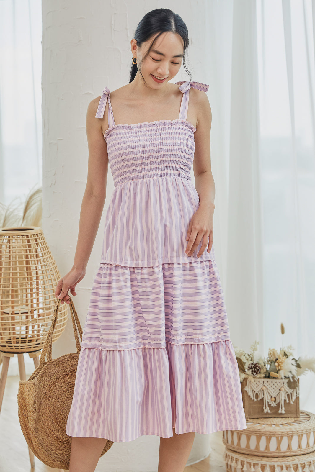 Amalfi Tie-Strap Smocked Dress in Pink Stripes