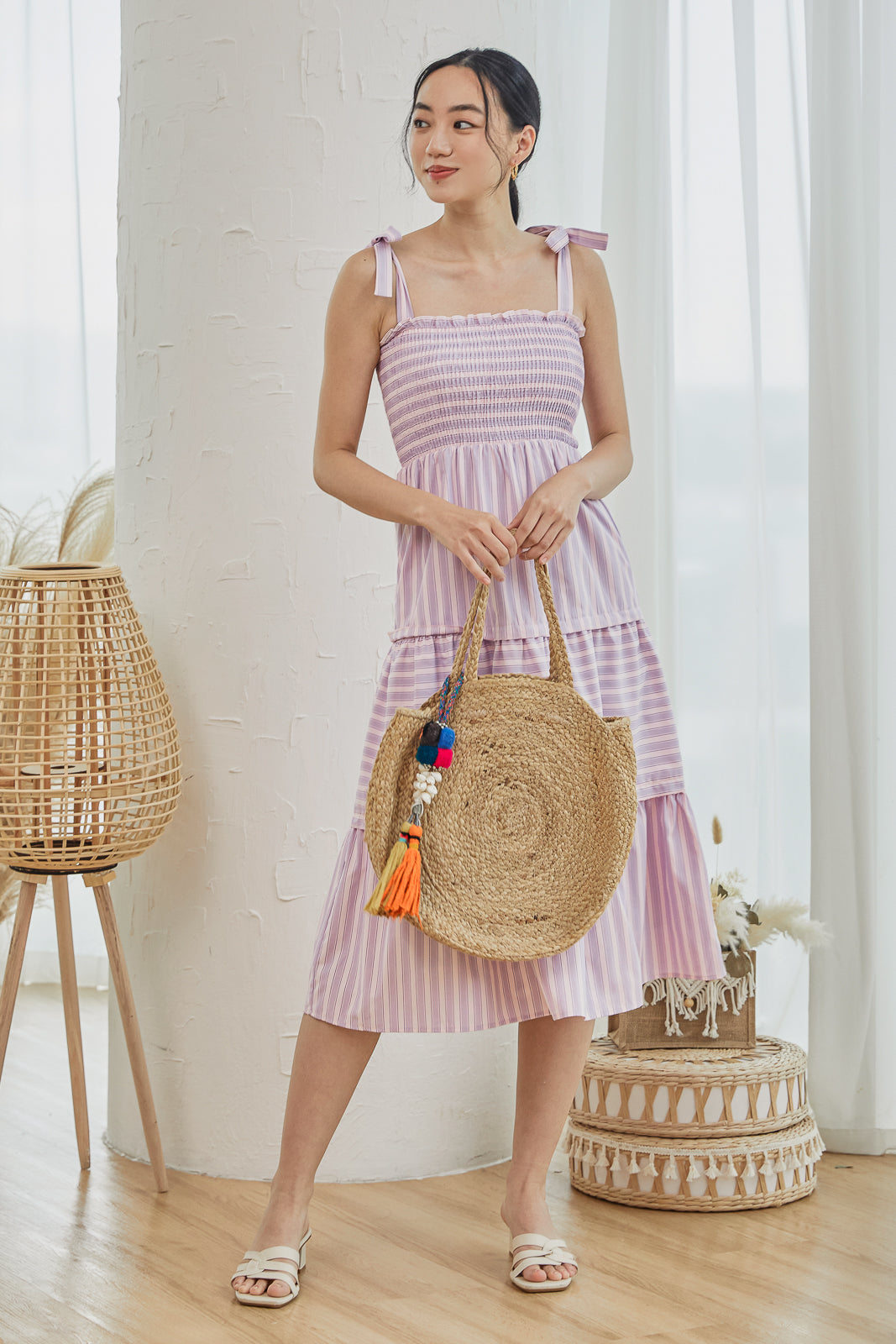 Amalfi Tie-Strap Smocked Dress in Pink Stripes