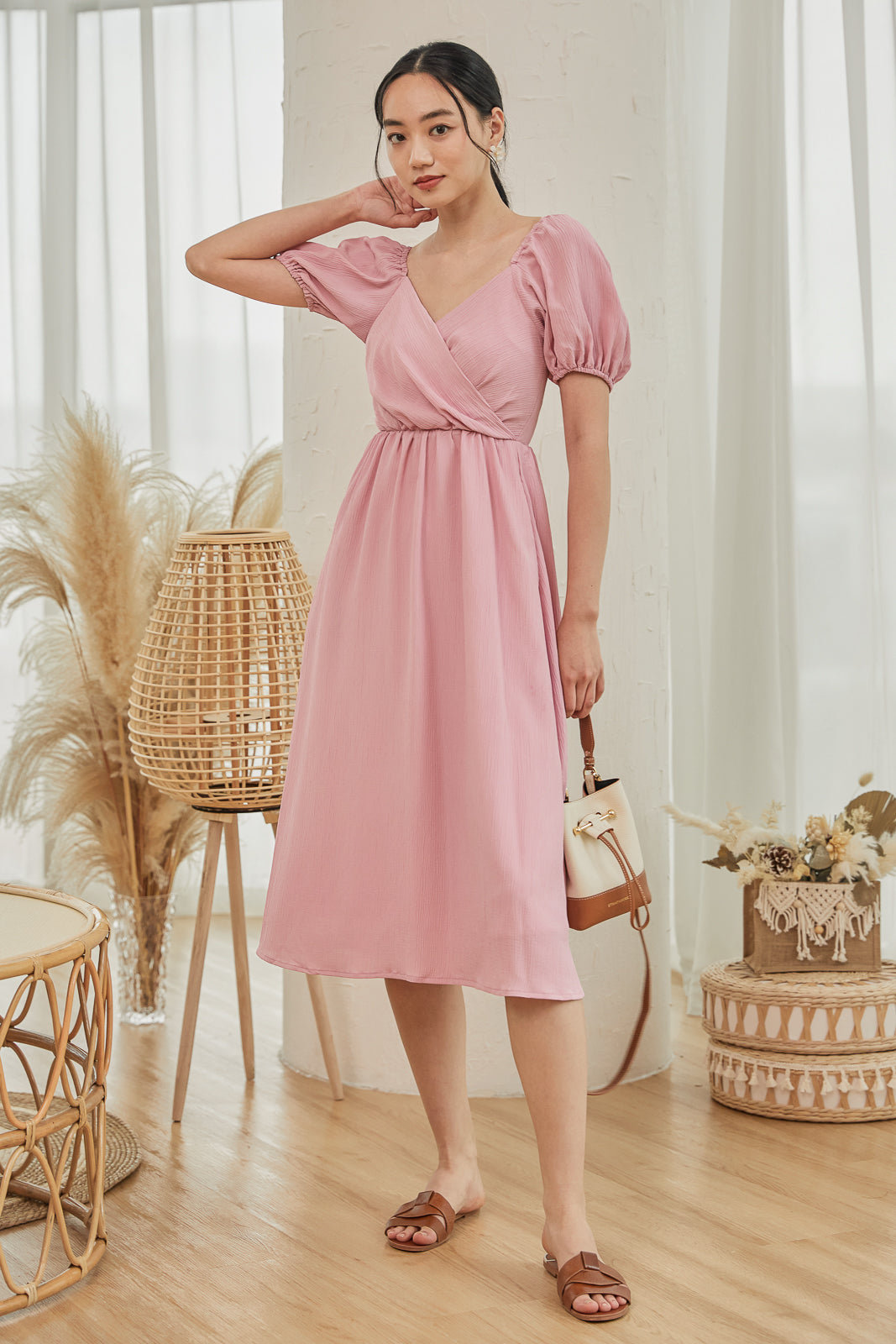 Encounter Crepe Textured Wrap Dress in Pink