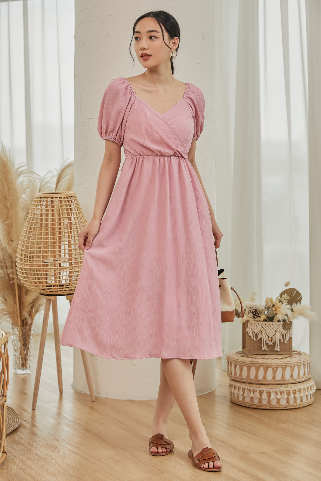 Encounter Crepe Textured Wrap Dress in Pink