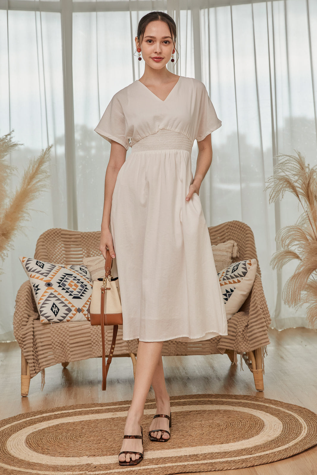 Yoko Smocked Waist Kimono Dress in White