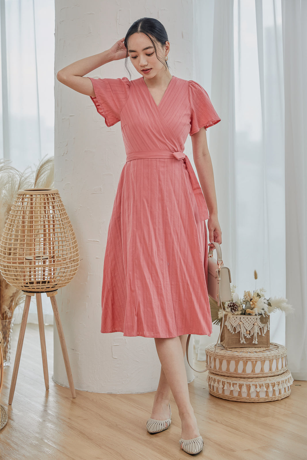 Dublin Textured Wrap Midi Dress in Coral Peach