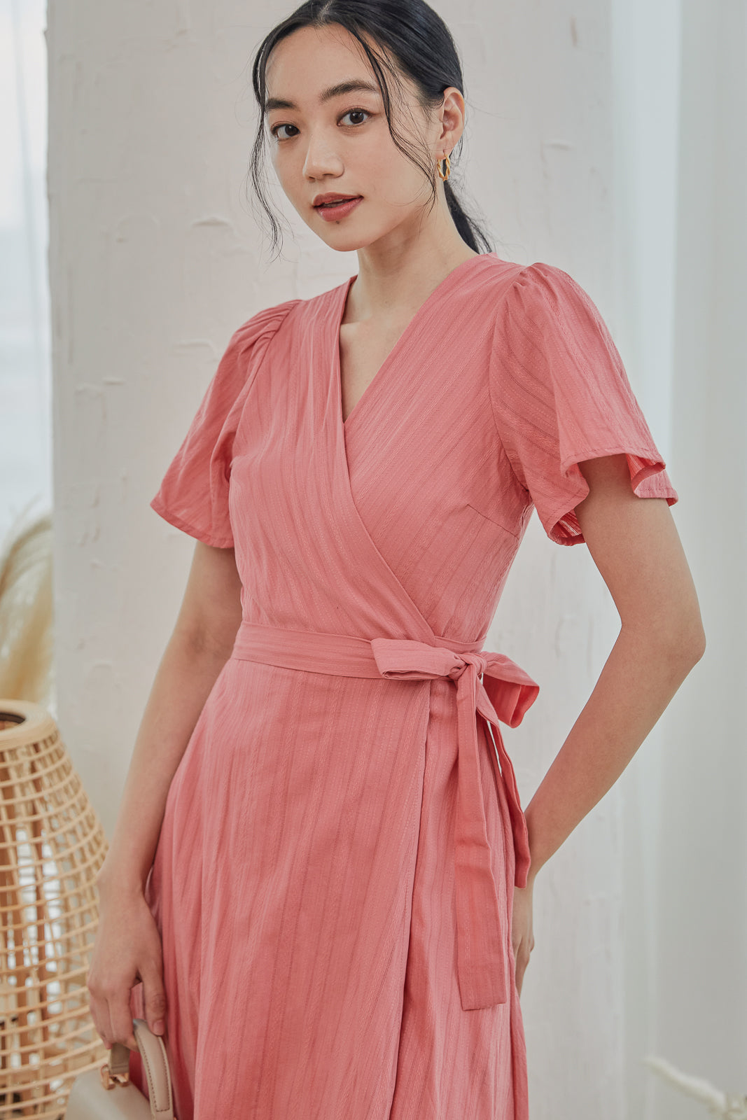 Dublin Textured Wrap Midi Dress in Coral Peach