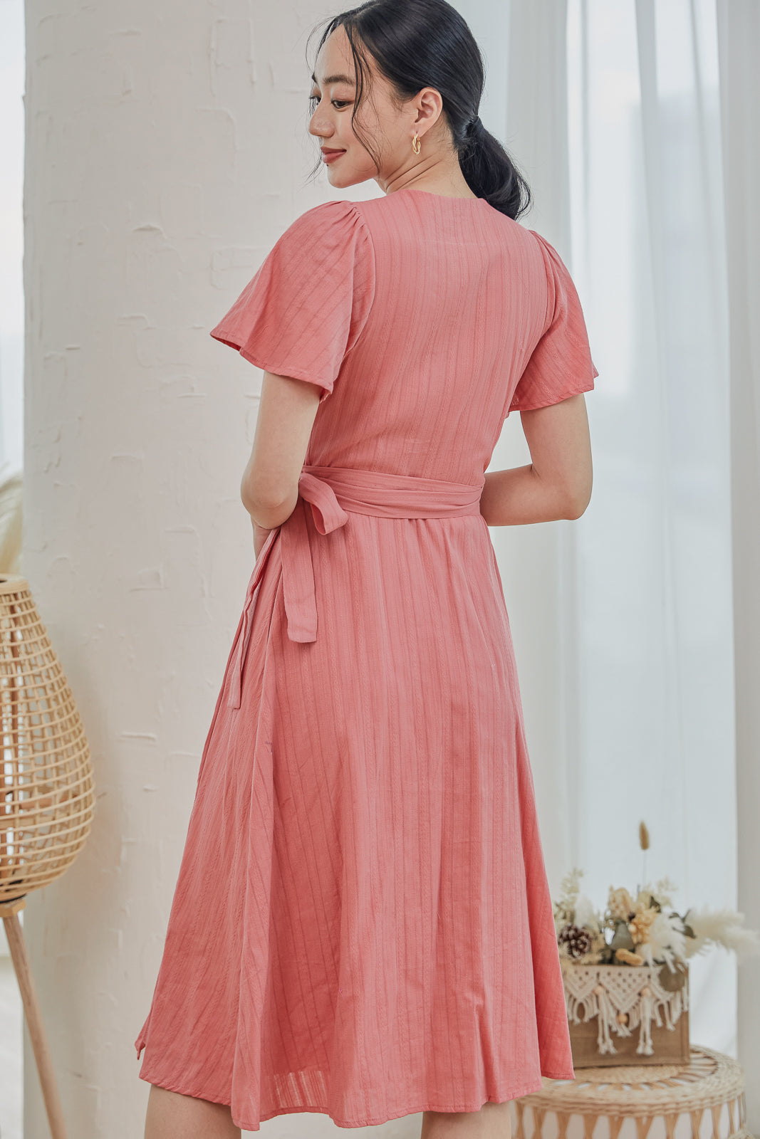 Dublin Textured Wrap Midi Dress in Coral Peach