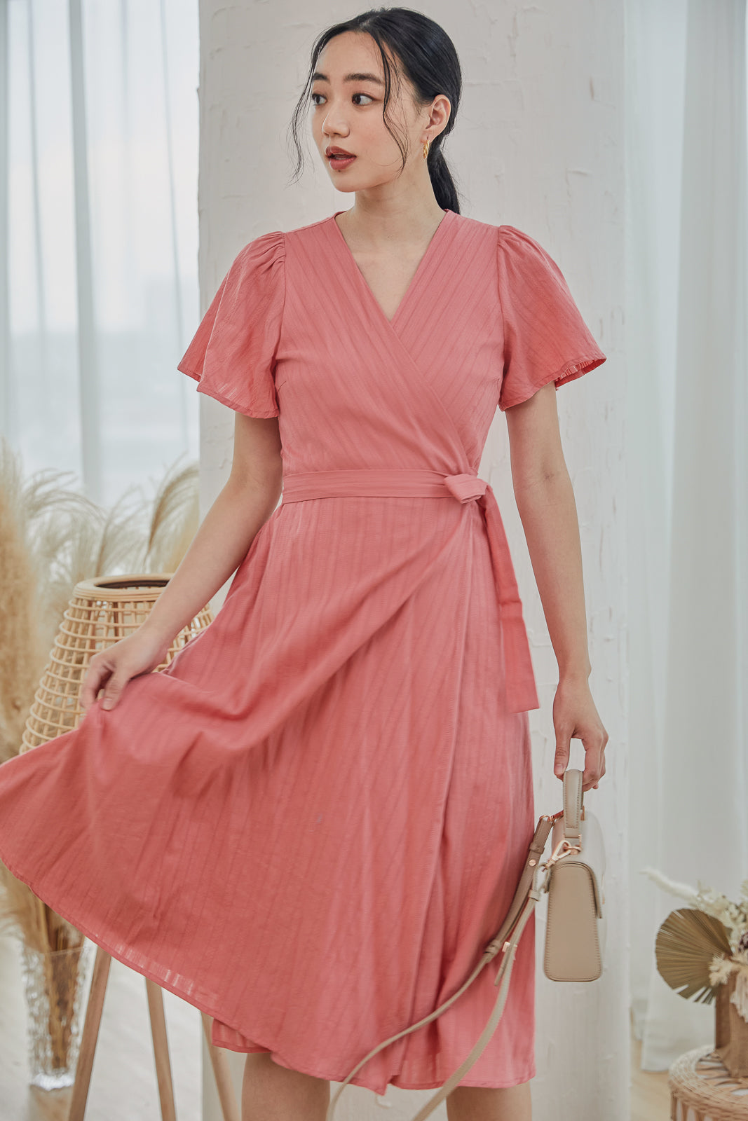 Dublin Textured Wrap Midi Dress in Coral Peach