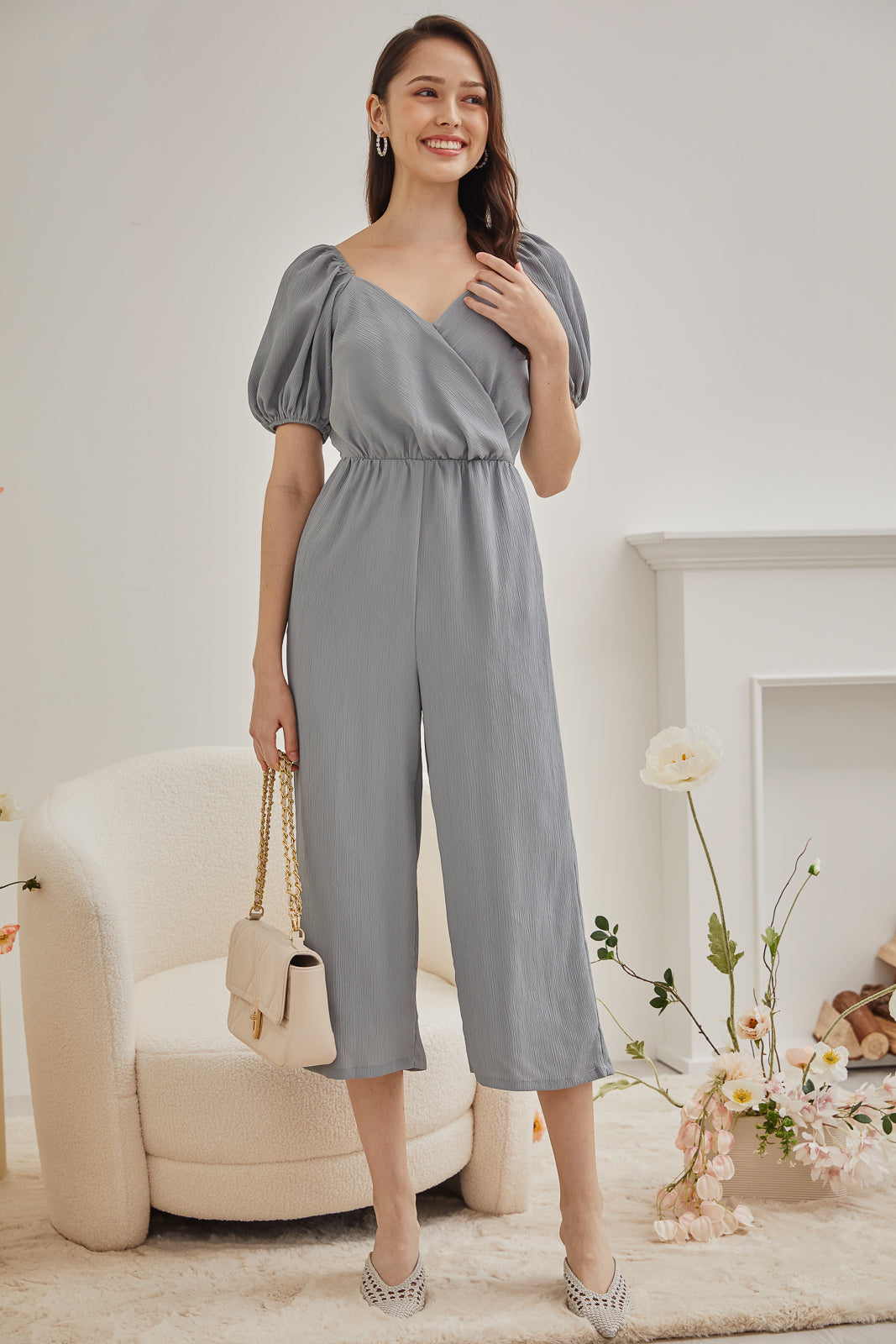 Puff Sleeves Wrap Jumpsuit in Ash Blue