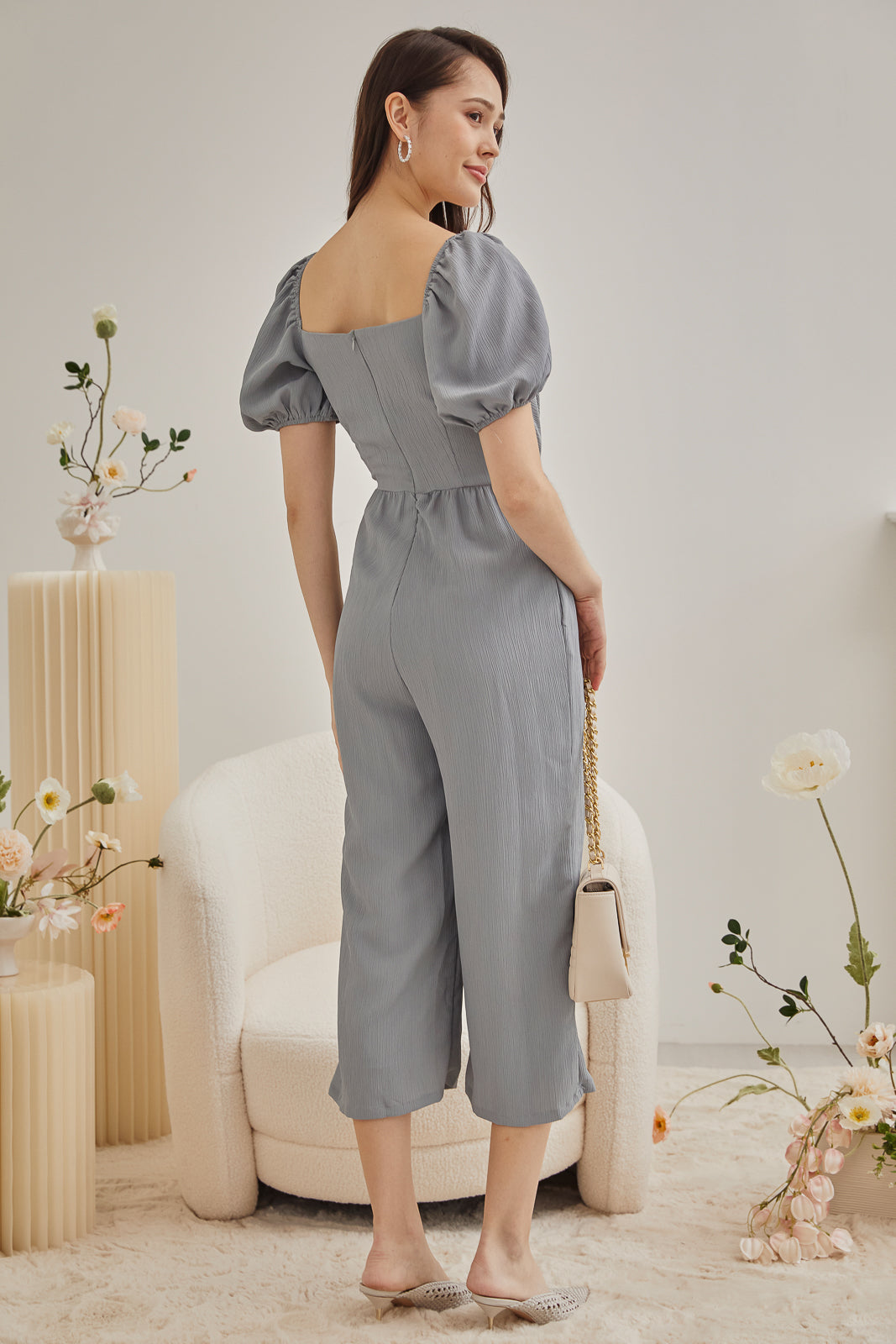 Puff Sleeves Wrap Jumpsuit in Ash Blue