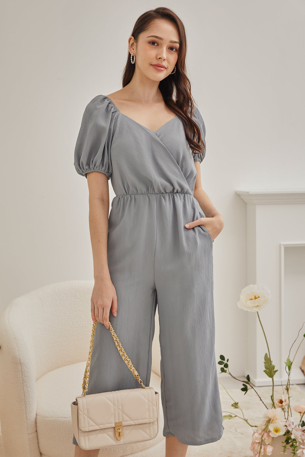 Puff Sleeves Wrap Jumpsuit in Ash Blue