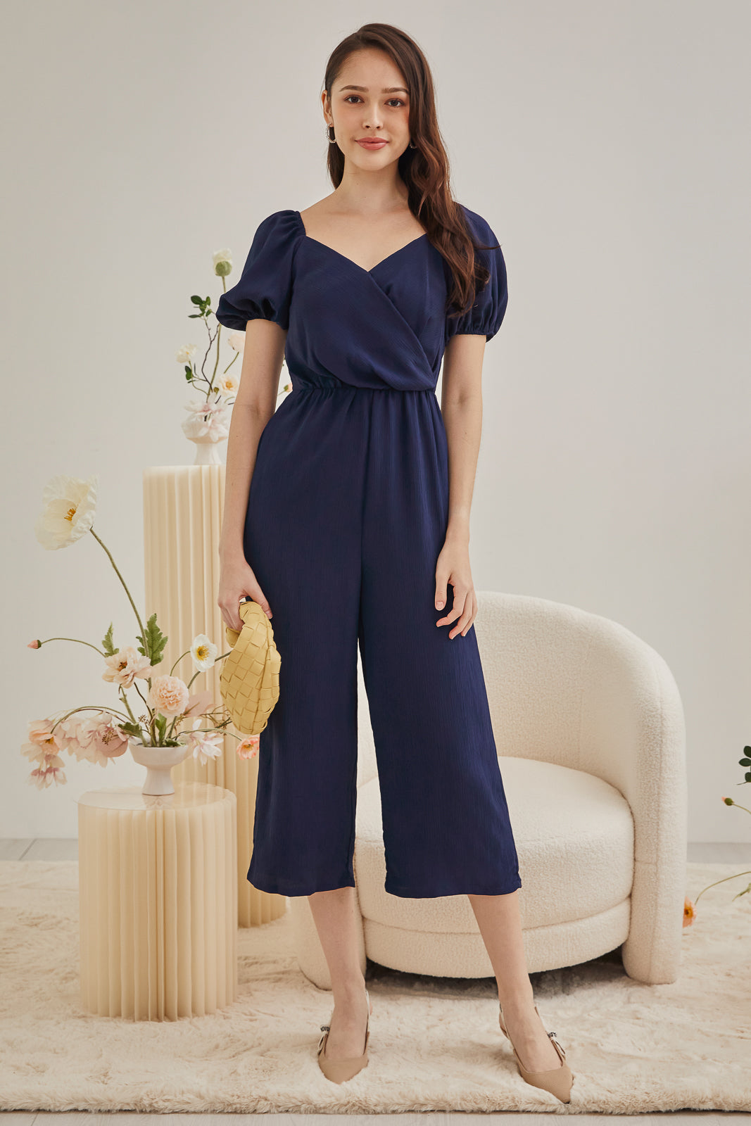 Puff Sleeves Wrap Jumpsuit in Navy