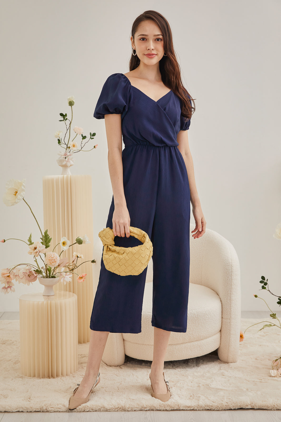 Puff Sleeves Wrap Jumpsuit in Navy