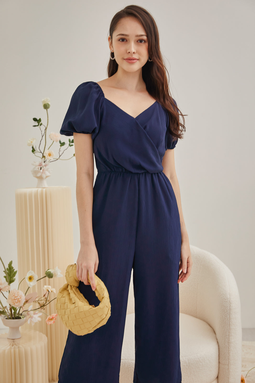 Puff Sleeves Wrap Jumpsuit in Navy