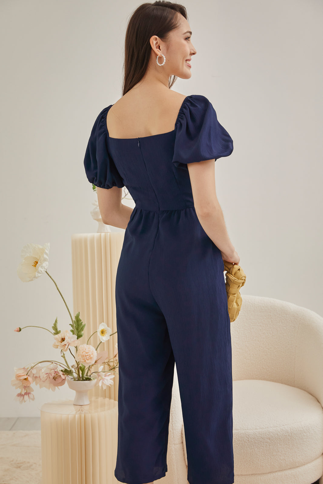 Puff Sleeves Wrap Jumpsuit in Navy